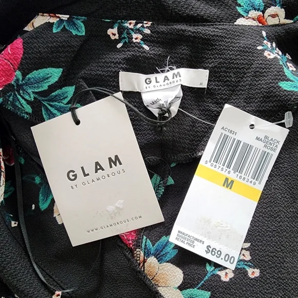 NWT Glam by Glamorous Dress Womens Medium Black Floral Button Wrap Front Mini - Picture 4 of 5